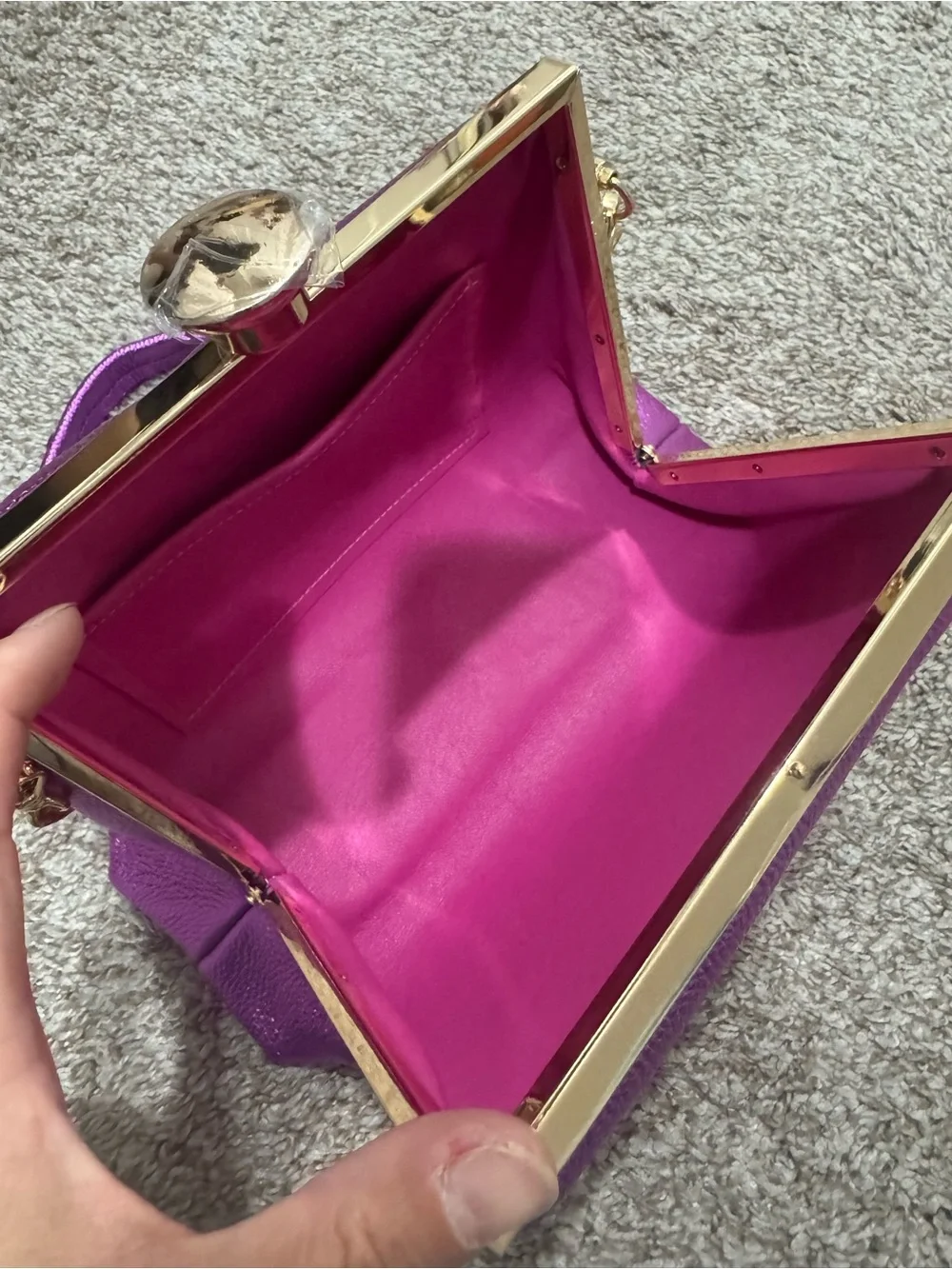 Metallic Purple Pebble Cowhide Handmade Push Lock Boxy Bag, Multi Use Style Bag